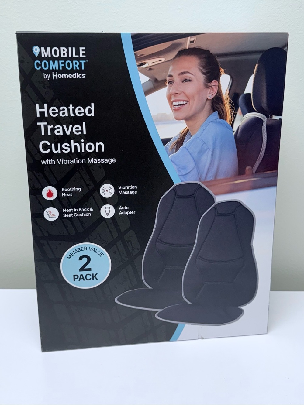 Homedics Heated Travel Cushion With Vibration Massage, 2-Pack, Black